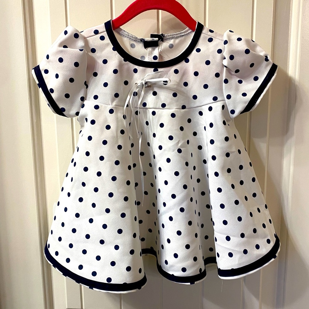 White and navy blue polkadot dress for baby | size 9 to 12 months| baby clothes